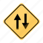 both, circulation, directions, in, road, sign, yellow 