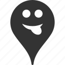 emoticon, emotion, pointer, position, smile, tongue, map marker