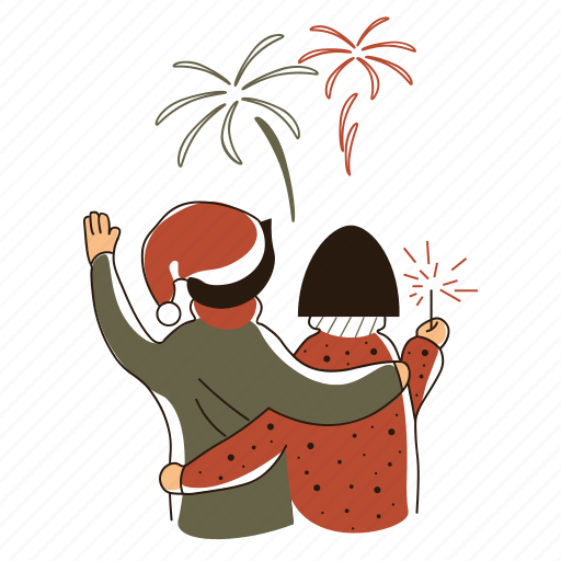 Couple, watches, fireworks, eve, love, romance, xmas illustration - Download on Iconfinder