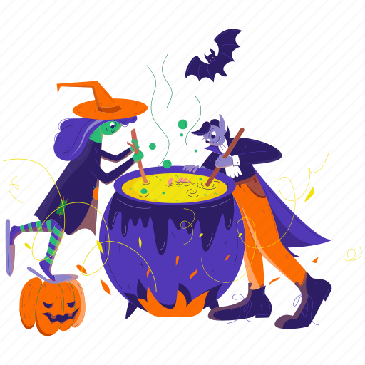 Kids, having, fun, halloween, spooky, cauldron, witch illustration - Download on Iconfinder