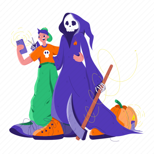 Selfie, with, fan, halloween, spooky, death, scythe illustration - Download on Iconfinder