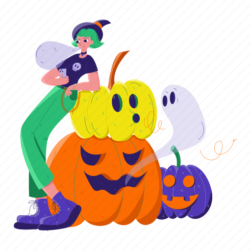 Chatting, girl, halloween, pumpkin, horror, scary illustration - Download on Iconfinder