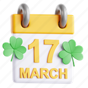 calendar, ireland, irish, celtic, clover, 3d icon, 3d illustration, 3d render 