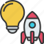launch, idea, rocket, ship, light, bulb 