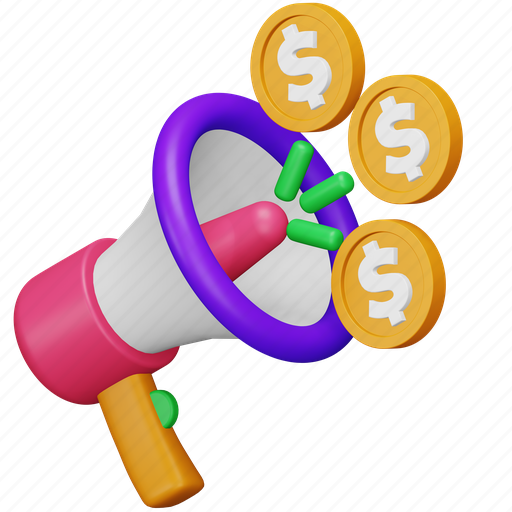 Offer, stock, market, megaphone, money, bid, announce 3D illustration - Download on Iconfinder