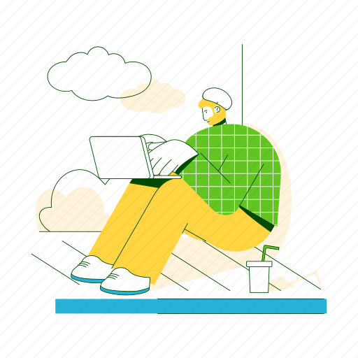 Working, pier, laptop, technology, business, device, computer illustration - Download on Iconfinder