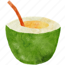 coconut, watercolor, summer, fruit, juice, tropical, food