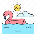 flamingo, bird, animal, rubber ring, swimming pool, swim, sea, beach, sun