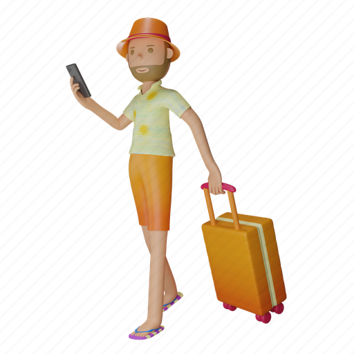 Summer, character, luggage, walking, smart phone, iphone, travel 3D illustration - Download on Iconfinder