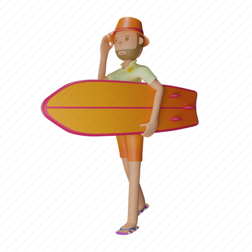 Summer, character, surfing, surfing board, walking, beach, vacation 3D illustration - Download on Iconfinder