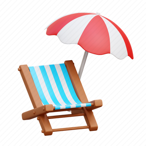 Beach chair, deck chair, beach umbrella, beach deck, summer 3D illustration - Download on Iconfinder