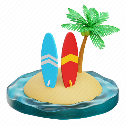 Surfing, surf, surfboard, beach, island 3D illustration - Download on Iconfinder