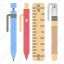 stationary, pen, pencil, ruler, liquid, paper, corrector, eraser 