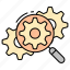 troubleshooting, gear, search, find, maintenance, cog, cogwheel, magnifying, glass 