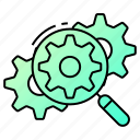 troubleshooting, gear, search, find, maintenance, cog, cogwheel, magnifying, glass