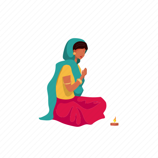 Indian, girl, woman, praying, sari illustration - Download on Iconfinder