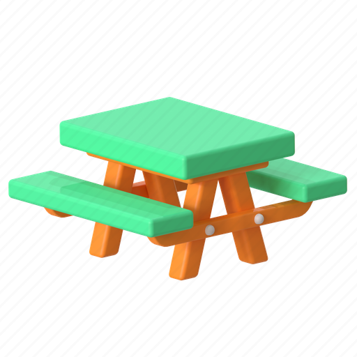 Picnic table, camping, bench, park, wood, furniture, interior 3D illustration - Download on Iconfinder