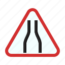 caution, merge, narrow, road, sign, traffic, warning