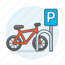 bicycle, bike, land, outdoors, park, parking, road, sign, street, symbol, transportation