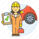 car, check, female, maintenance, mechanic, motor, repair, service, transportation