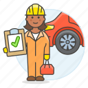 car, check, female, maintenance, mechanic, motor, repair, service, transportation