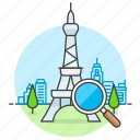 destination, eiffel, info, landmark, landmarks, location, magnifier, paris, places, search, tower, travel