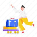 luggage carrier, luggage cart, travel luggage, travel baggage, travelling man