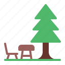 camping, bench, table, tree