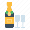 champagne, bottle, two, glass