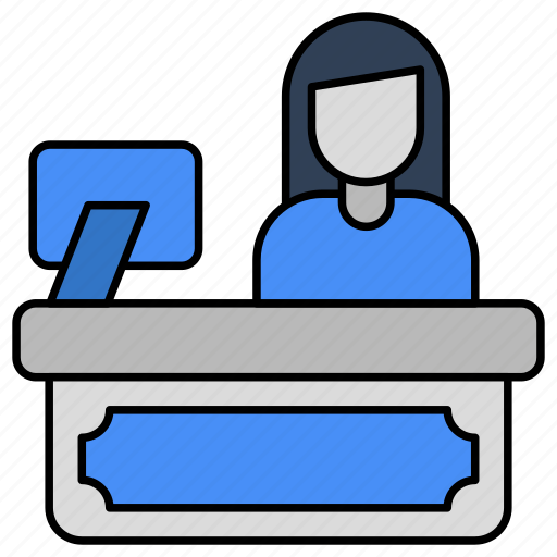 Receptionist, reception desk, info table, info desk, front desk icon - Download on Iconfinder