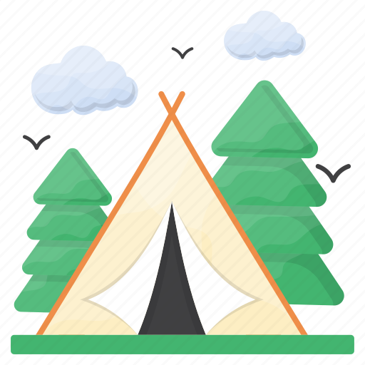 Camping tent, pine trees, clouds, scenery, weather, camp area, forecast icon - Download on Iconfinder