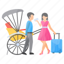 travelling cart, city travel, woman, asking, man, trolley bag