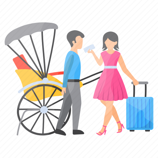 Travelling cart, city travel, woman, asking, man, trolley bag icon - Download on Iconfinder