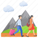 mountain, scenery, landscape, barefoot, walking, husband wife, trolley bags