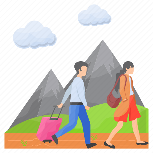 Mountain, scenery, landscape, barefoot, walking, husband wife, trolley bags icon - Download on Iconfinder