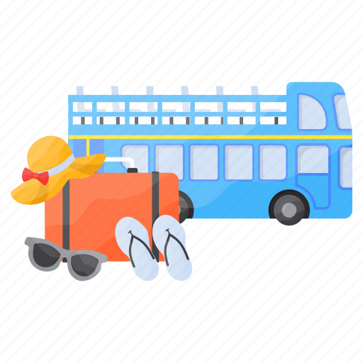 Double decker, open bus, travelling, equipments, suitcase, slippers, sunglasses icon - Download on Iconfinder