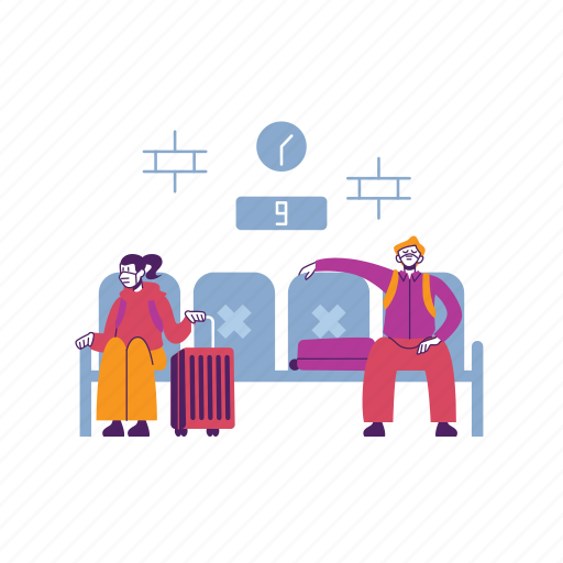 Waiting room, airport, travel, seat, lounge, mask, distance illustration - Download on Iconfinder