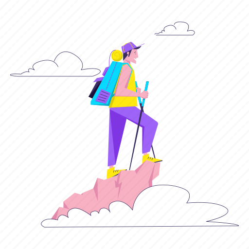 Tourist, climbed, mountain, travel, holiday, vacation, tourism illustration - Download on Iconfinder