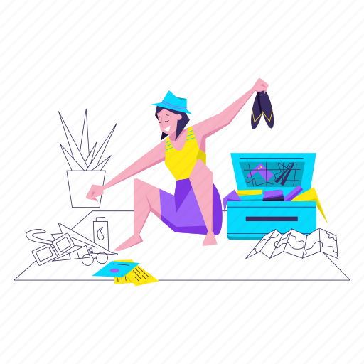 Woman, packing, suitcase, trip, travel, summer, holiday illustration - Download on Iconfinder