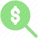 dollar sign, find, magnifier, magnifier glass, search, zoom