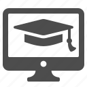 classes, computer, education, graduation cap, graduation hat, monitor, online