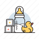 baby, bottle, child, drink, duck, milk, rubber