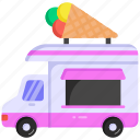 ice cream truck, ice cream van, dessert van, lorry, food vehicle