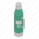 bottle, cartoon, coffee, container, green, isometric, thermos