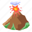 cartoon, eruption, isometric, nature, silhouette, tree, volcano 