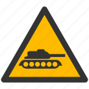 alarm, alert, attention, caution, damage, danger, exclamation, hazard, military, panzer, problem, protection, risk, safe, safety, tank, warning icon