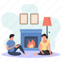 husband, wife, sitting, floor, discussing, fireplace, lamp