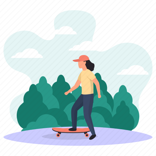 Young girl, early morning, skateboarding, teenager, clouds, greenery, park side illustration - Download on Iconfinder