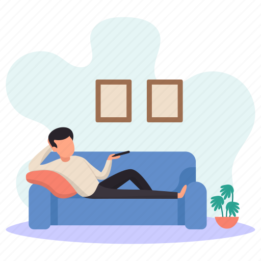 Young man, lying, sofa, couch, watching tv, picture frames, flower pots illustration - Download on Iconfinder
