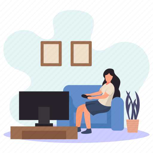 Young woman, watching, tv, late night, activity, flower pot, sofa couch illustration - Download on Iconfinder